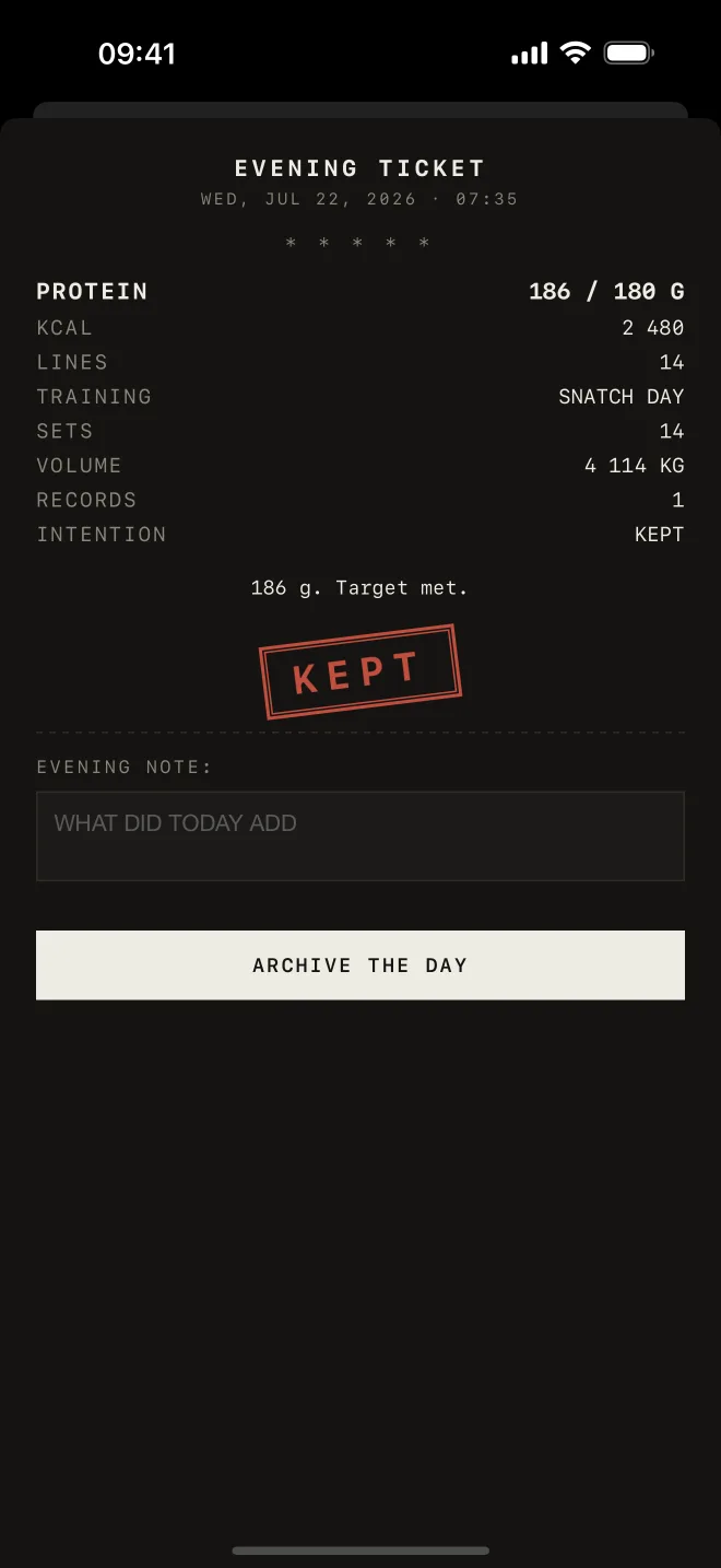 The evening ticket: totals, the intention row, a barcode and the KEPT stamp.