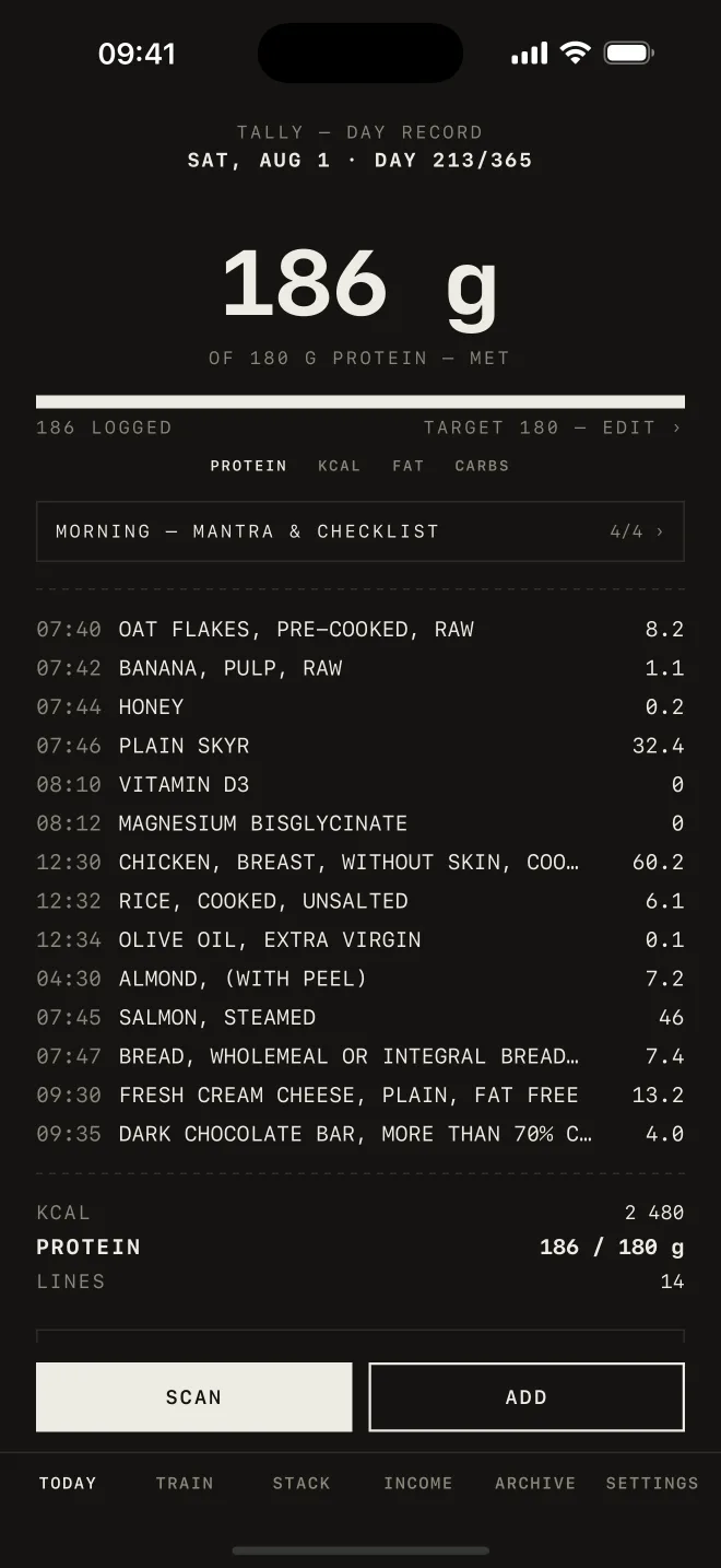 The day tape: timestamped entries, protein per line, and the running total.