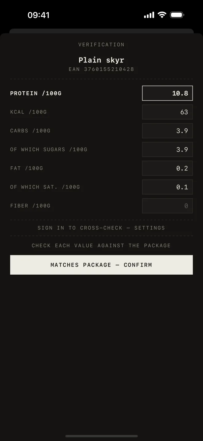The verification screen: scanned values shown next to the package for checking.
